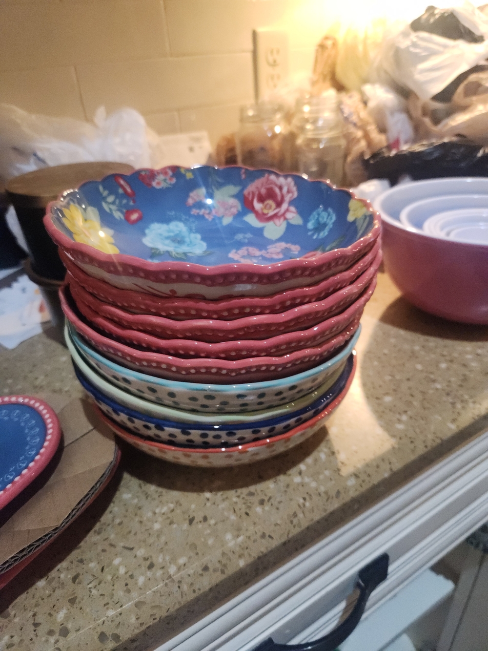 Source Unknown Floral Ceramic Bowls Set in Pink and Blue